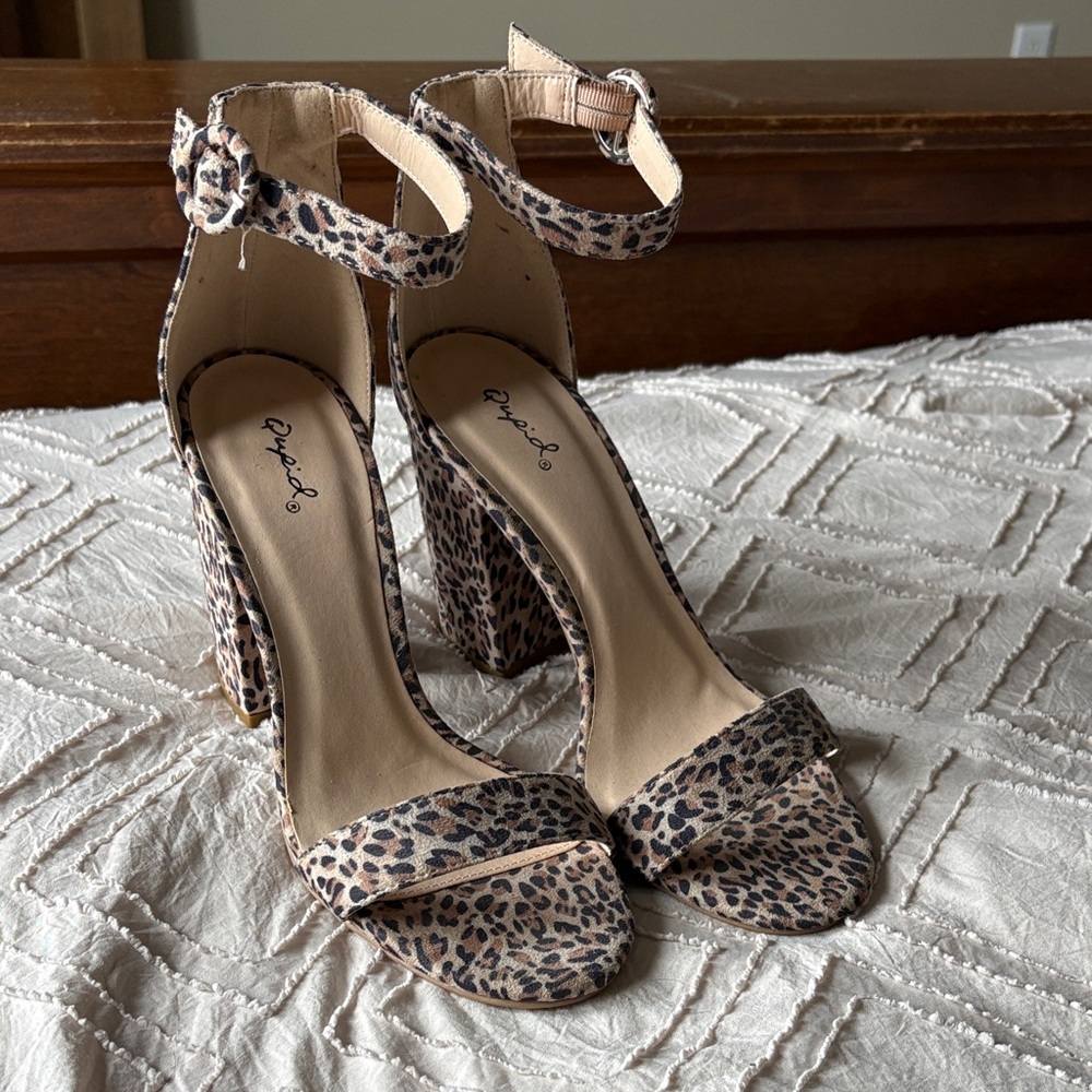 Qupid Leopard Print Heels with Ankle Strap